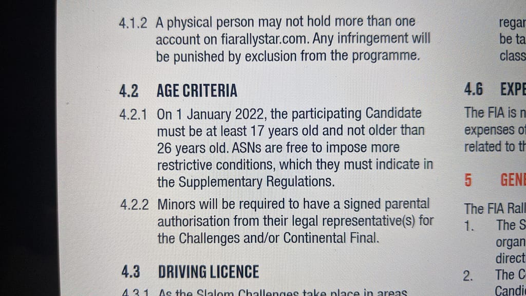 Official rules stating the age criteria for Rally Star