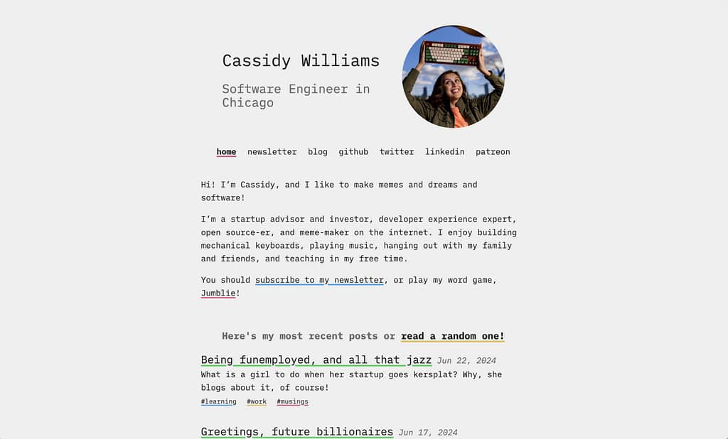 Screenshot of Cassidy's blog