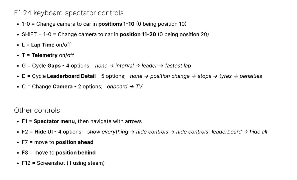 List of F1 24 spectator controls